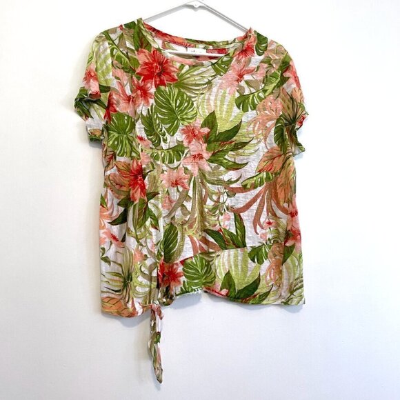 J. JILL Love Linen Tropical Floral Tie Front Tee White Green Short Sleeve Blouse - Picture 2 of 14